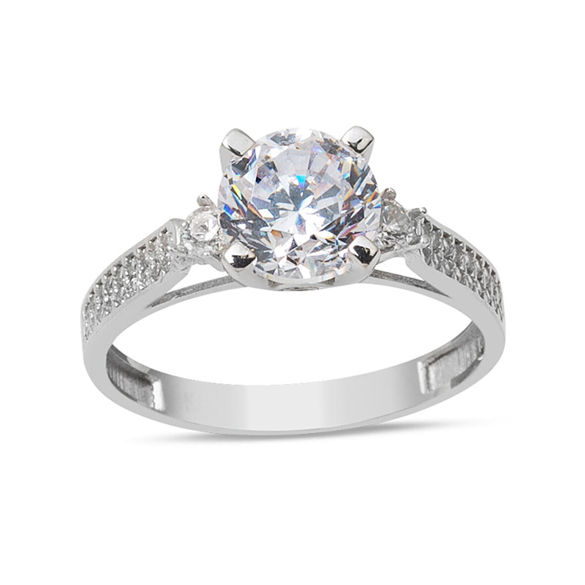 Kolları Taşlı Beyaz Altın Yüzük 14 Ayar