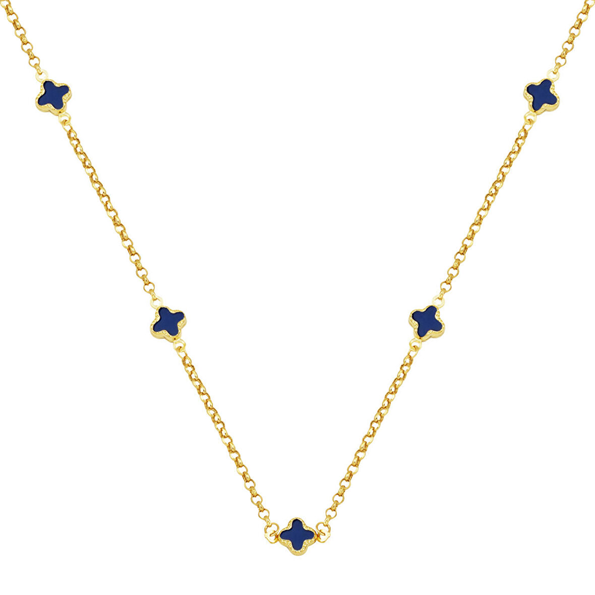 Lacivert Yoncalı 14 Ayar Zincirli Altın Kolye