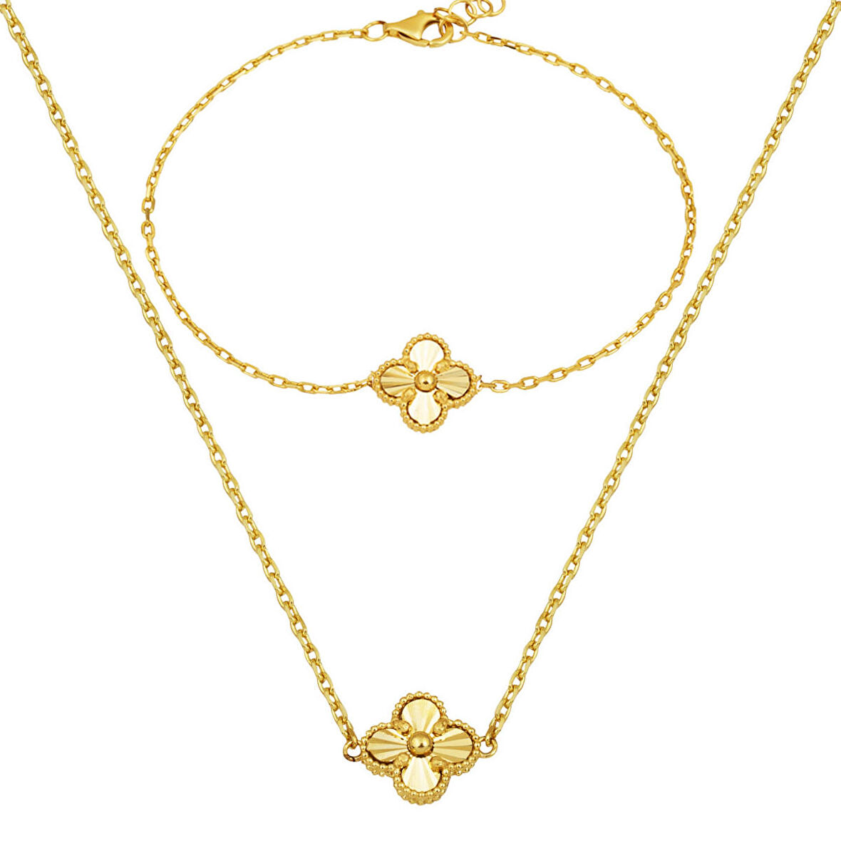 14 Ayar Altın Yonca Kolye Bileklik Set