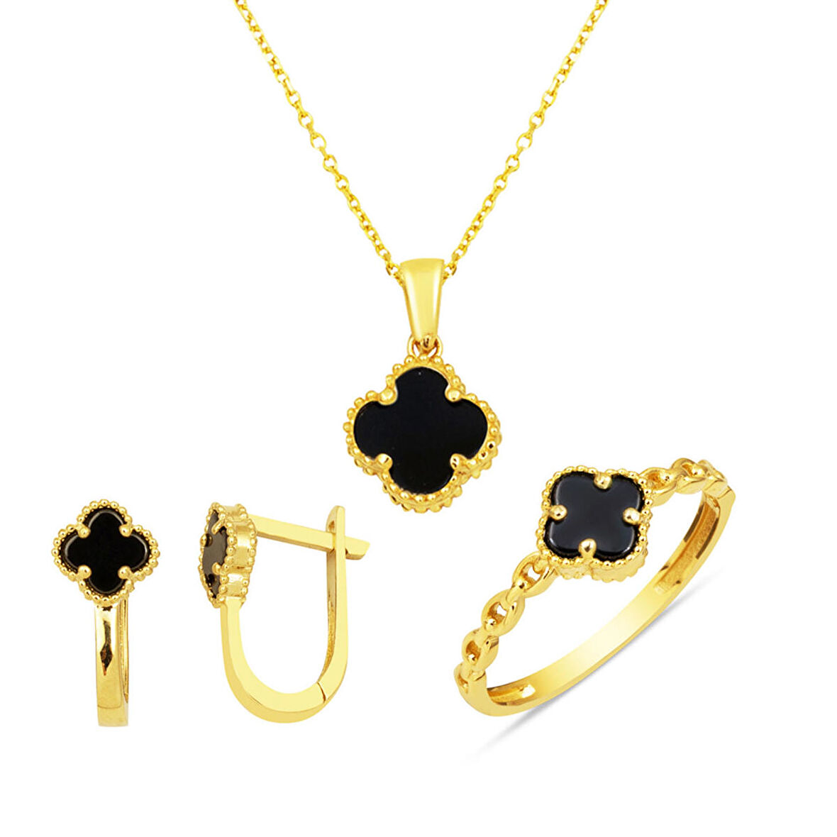 Siyah Taşlı Yonca 14 Ayar Altın Takı Seti