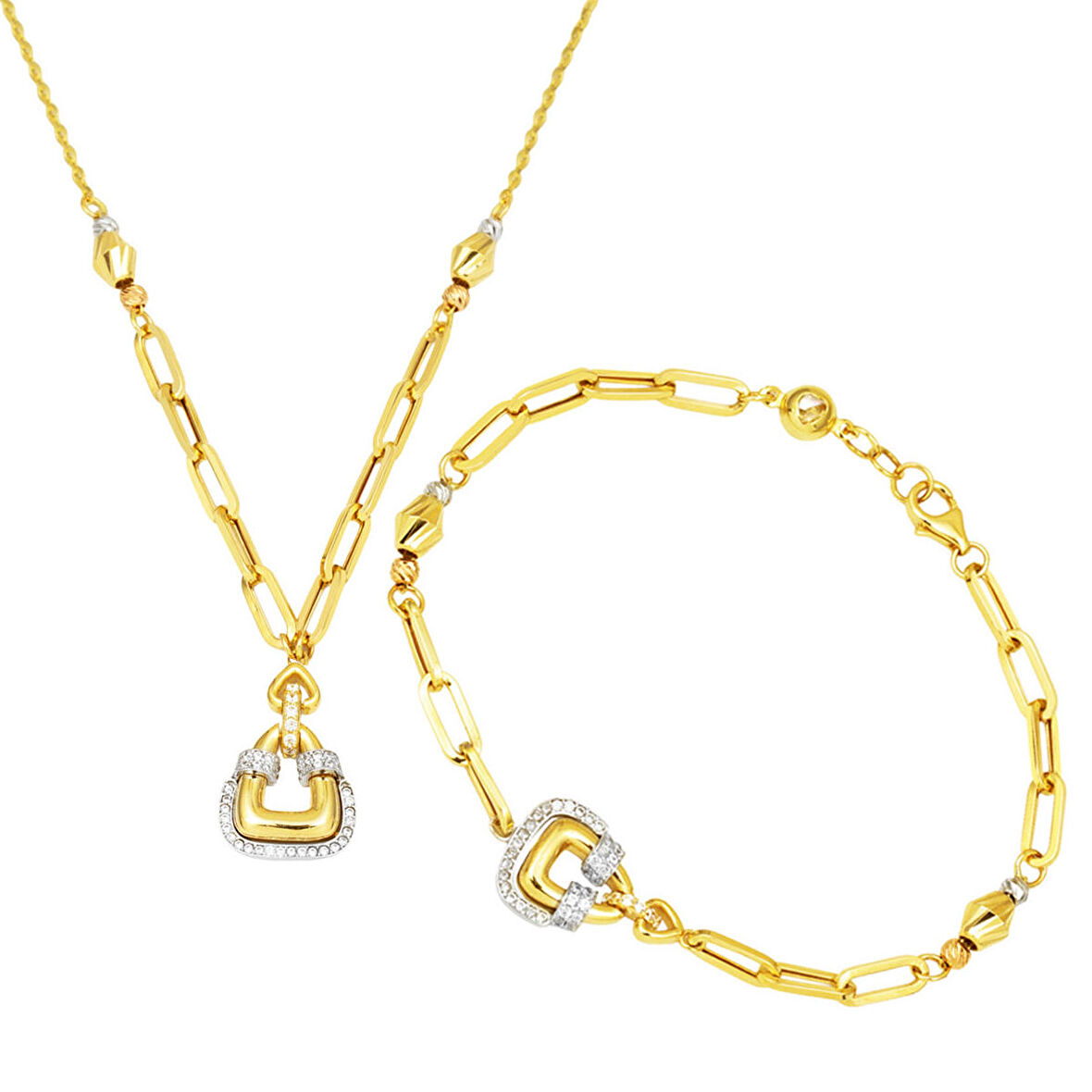 Valentino 14 Ayar Altın Ataç Zincirli İkili Set