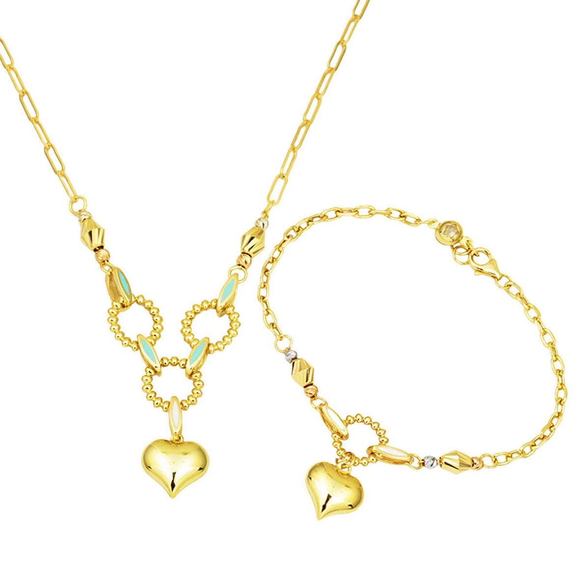 Kalp Figürlü 14 Ayar Altın Kolye & Bileklik Takı Seti