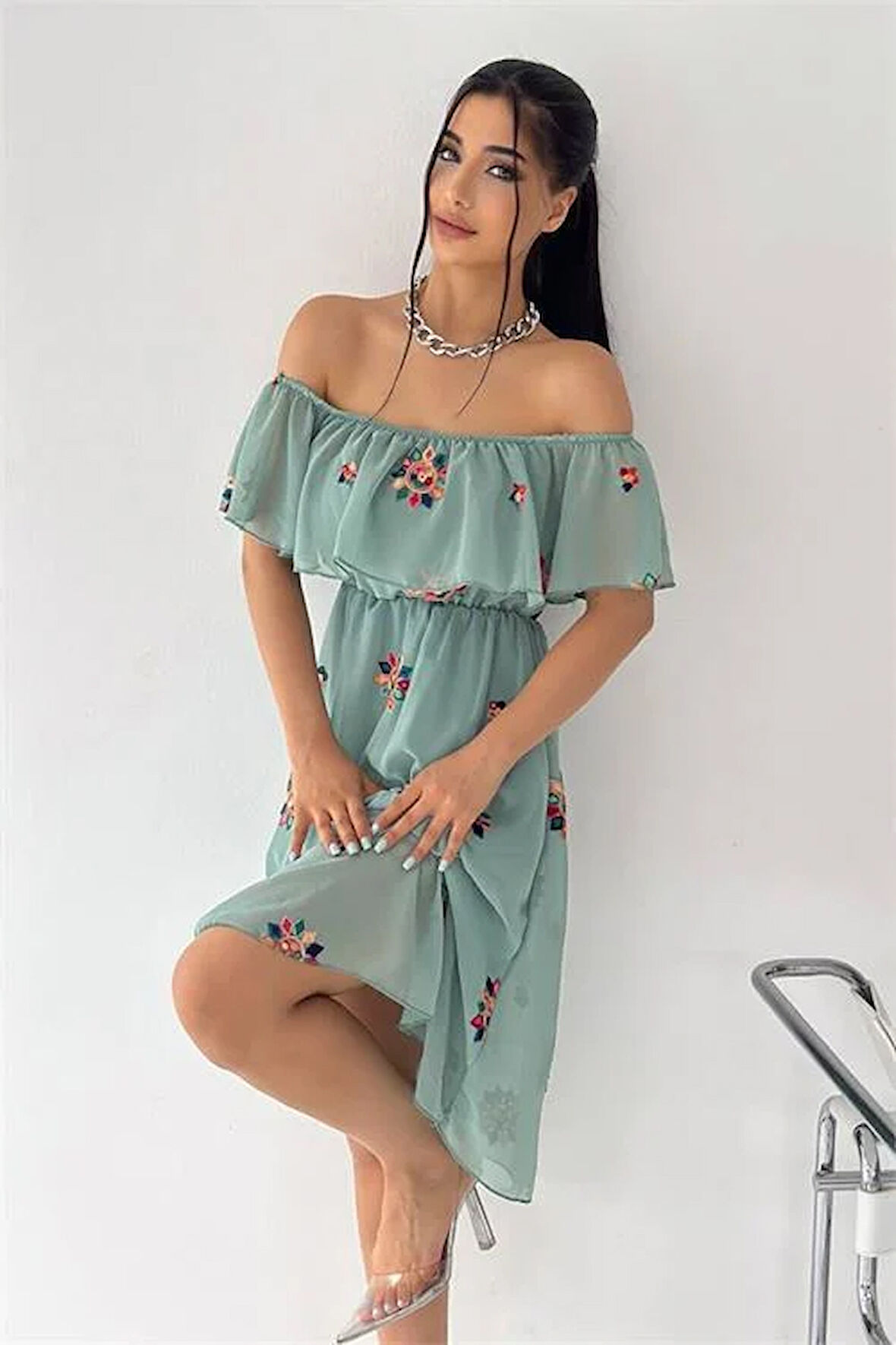 Dipmoda kadın nakışlı carmen yaka şifon elbise KKLF12 - Mint