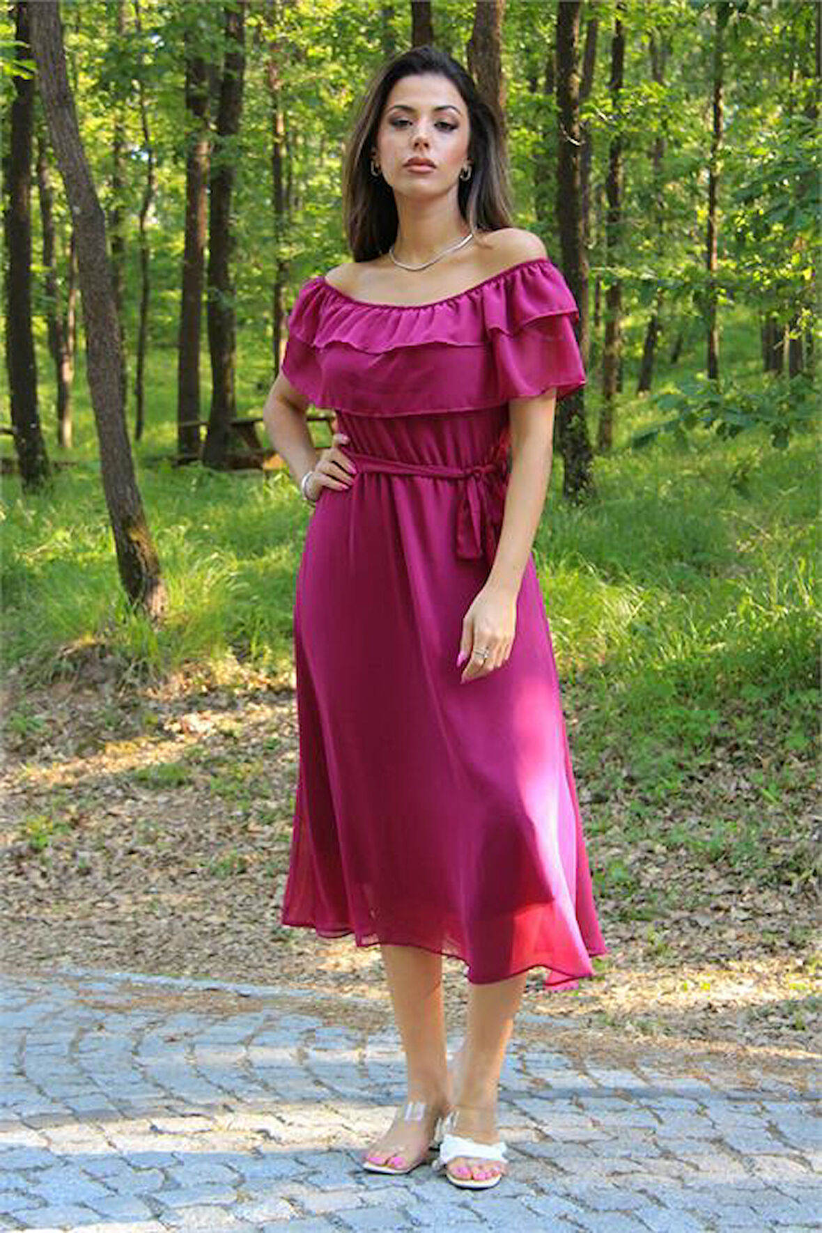 Dipmoda Kadın bağlama detaylı madonna yaka yeni sezon şifon elbise DP8060