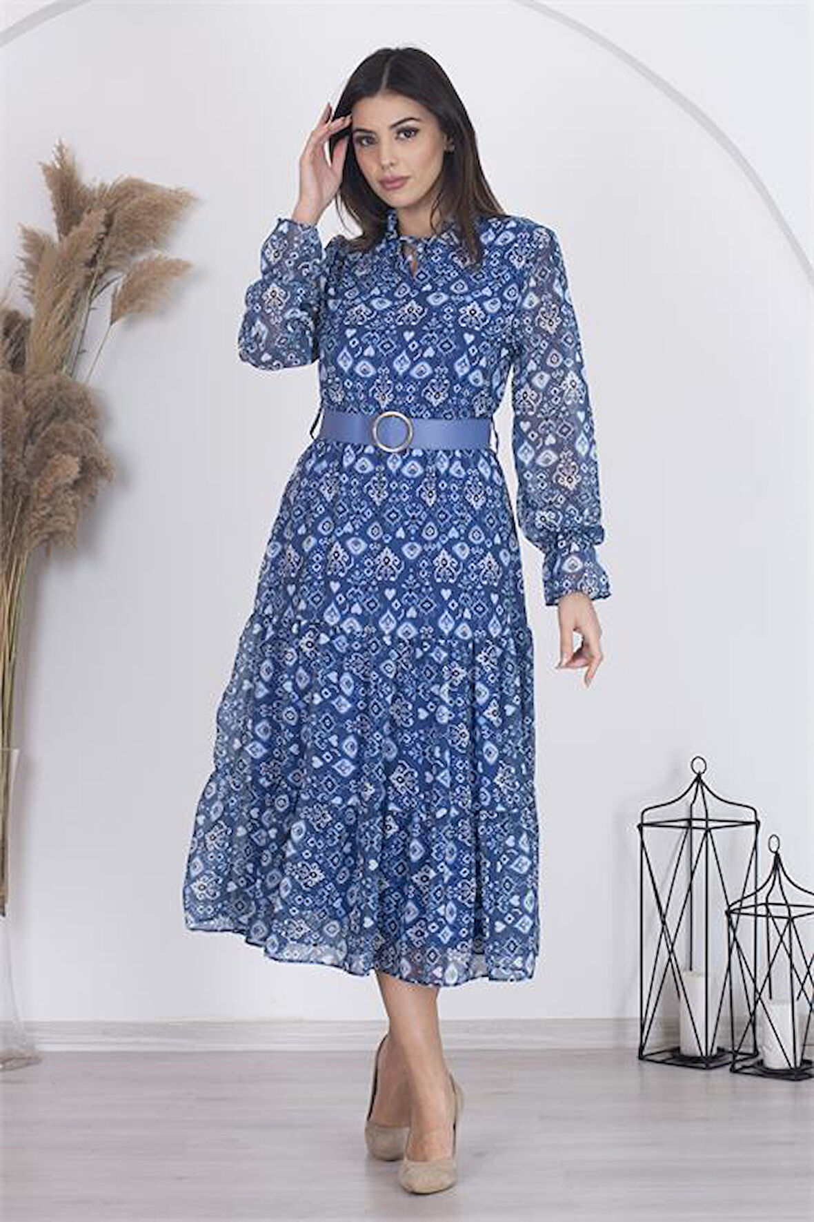 Dipmoda kadın astarlı etnik desenli şifon elbise RSDP002 - Mavi