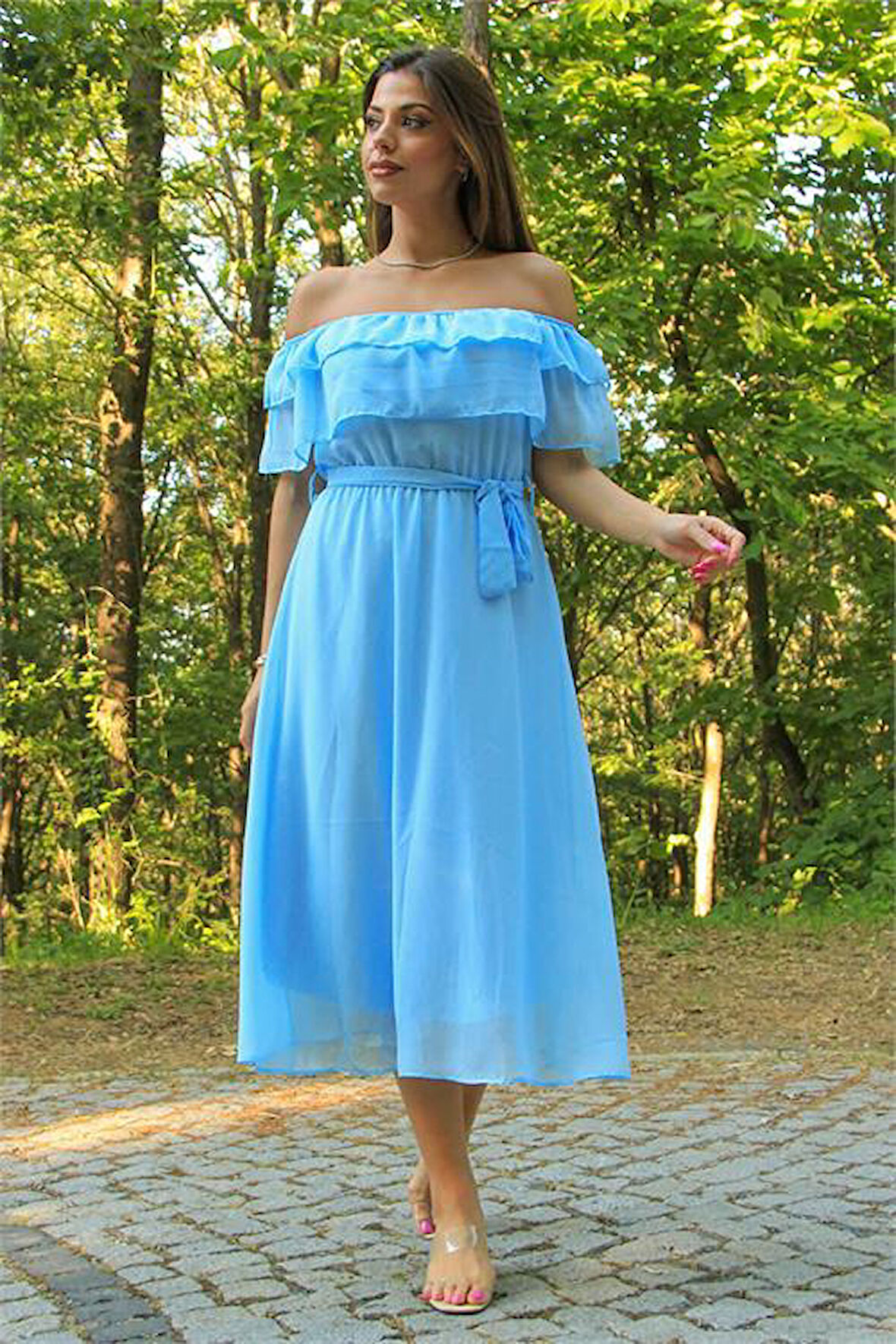 Dipmoda kadın bebe mavisi kuşaklı madonna yaka baby shower elbise DP8060