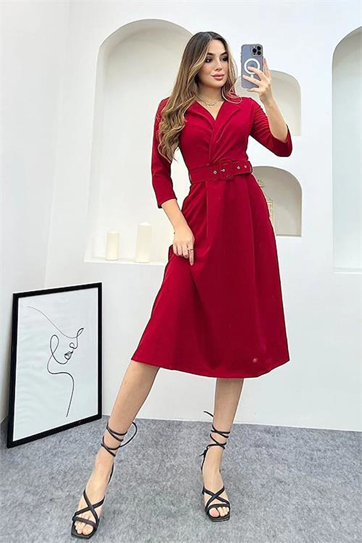 Dipmoda kadını gömlek yaka kemerli örme elbise DP0016