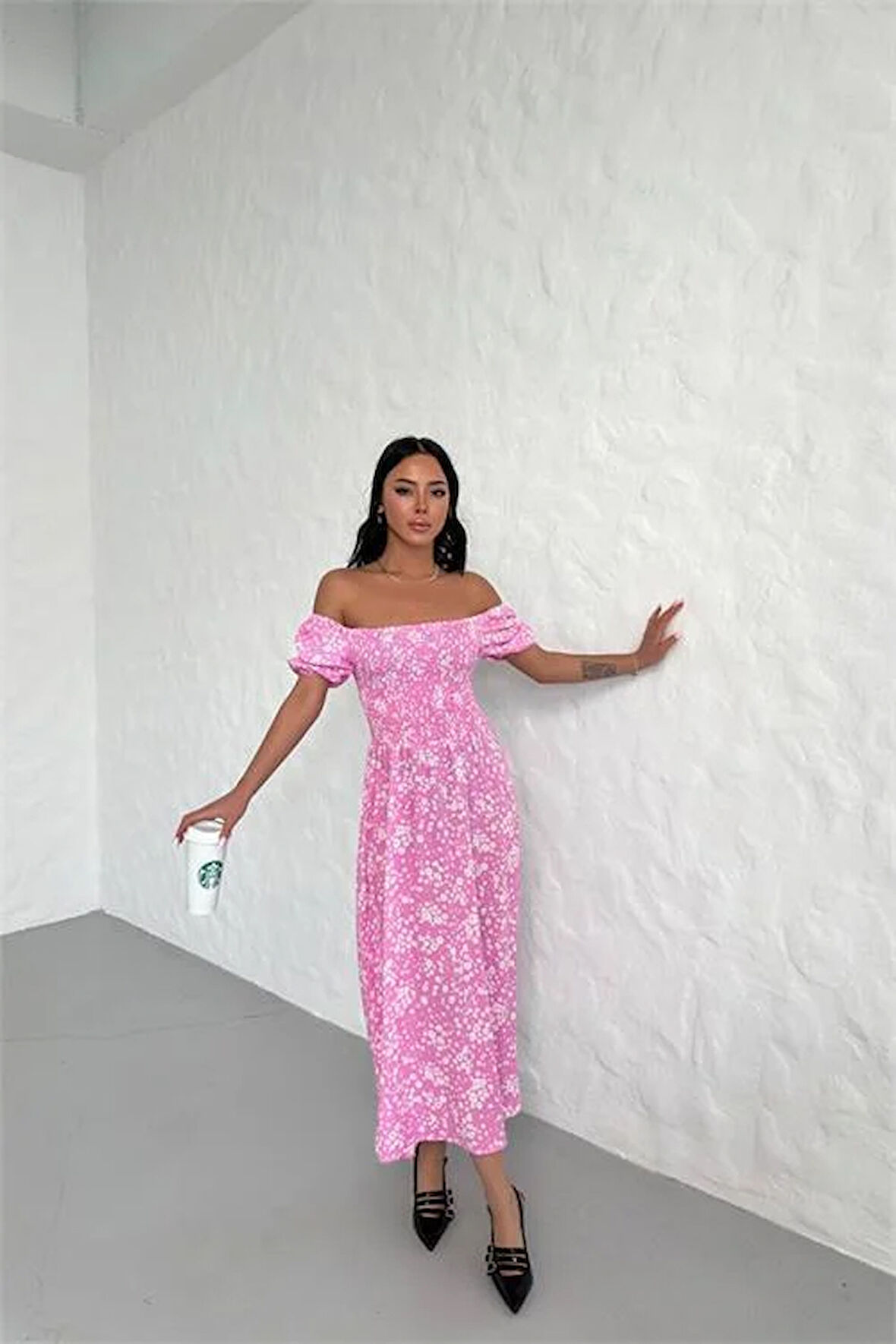 Dipmoda kadın yazlık madonna yaka desenli viskon elbise DPG022