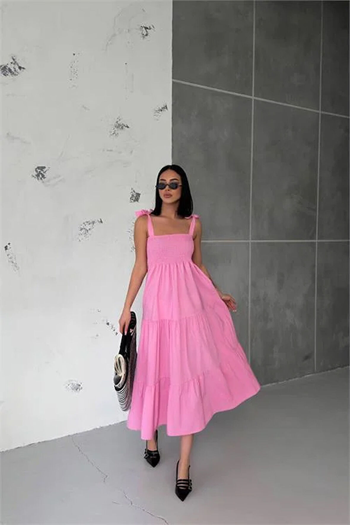 Dipmoda kadın pembe gipeli askılı poplin elbise DPG012