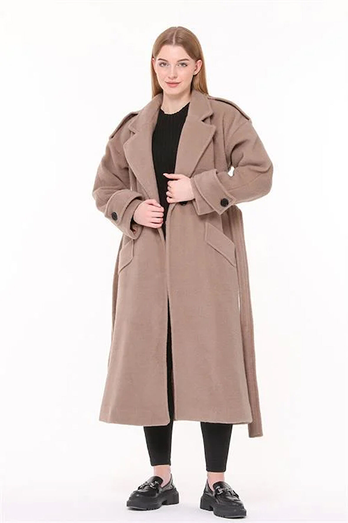 Dipmoda kadın kuşaklı oversize yün kaşe kaban DPPLTN02 - Camel