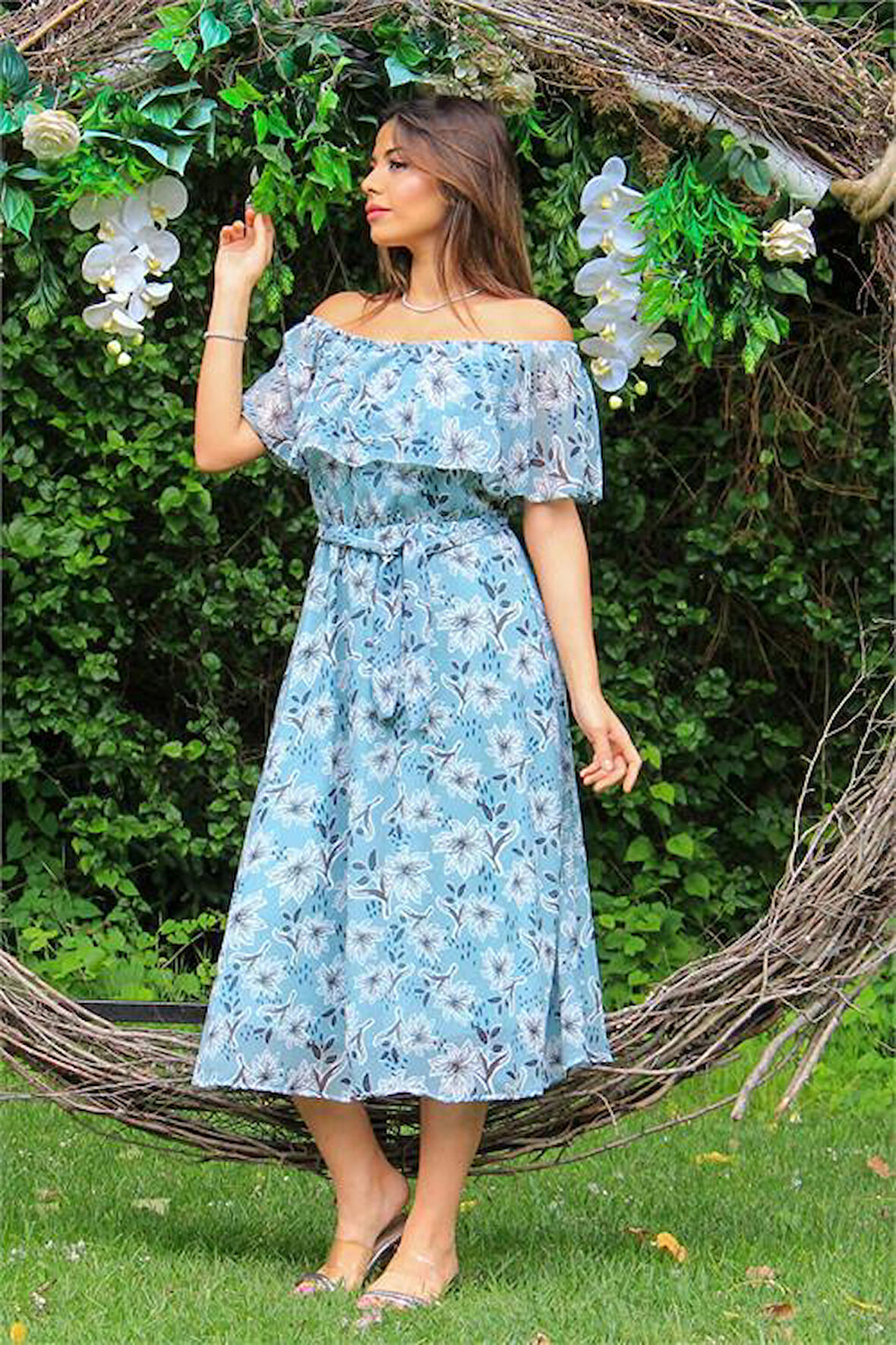 Dipmoda kadın mint carmen yaka çiçekli midi boy şifon elbise DP10037