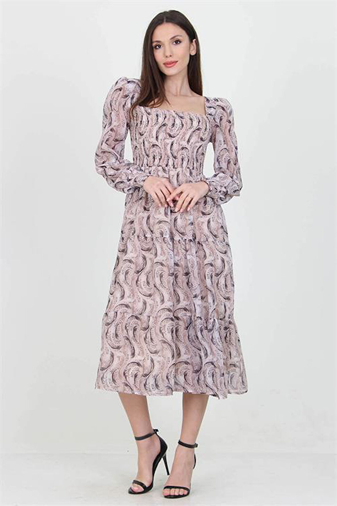 Dipmoda kadın bej desenli kare yaka gipeli şifon elbise DP100361