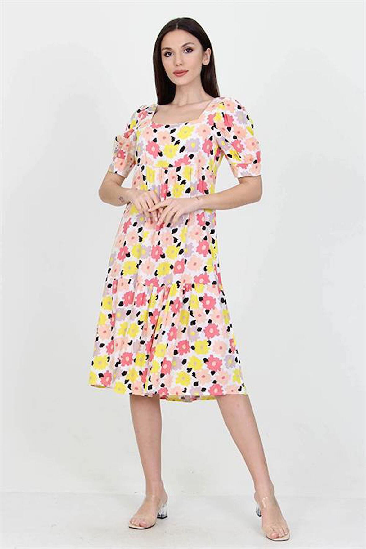 Dipmoda kadın sarı kare yaka eteği fırfırlı çiçek desenli viskon elbise DP10026