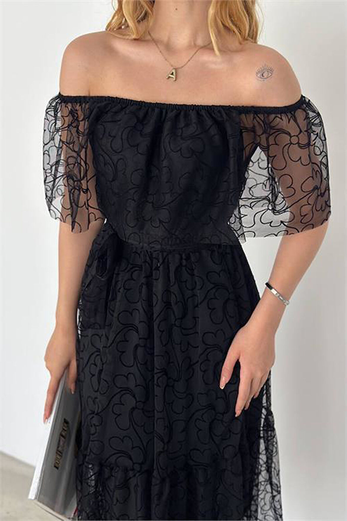 Dipmoda kadın kuşaklı madonna yaka tül elbise DPK2141