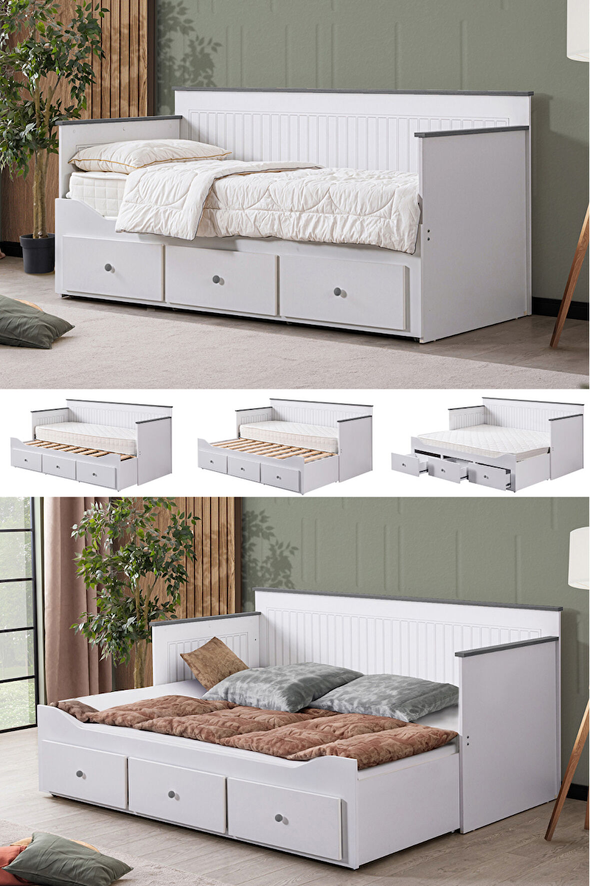 Yavrulu Karyola, Marmaris Divan Karyola Çekmeceli Açılır Çift Kişilik Karyola + Soft Yatak -Antrasit