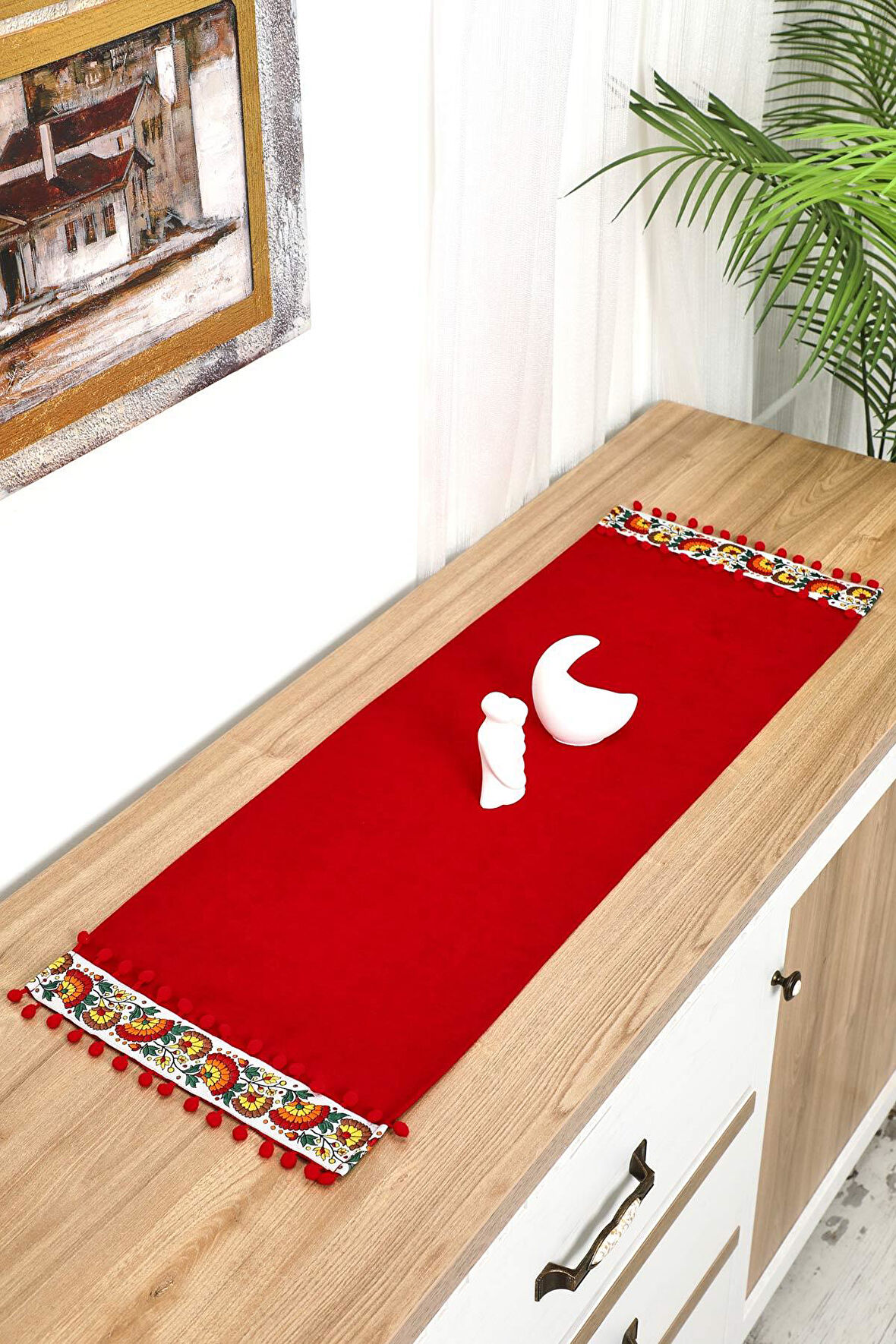 Çiçek Motifli ve Ponponlu Runner 90 x 30,R-64K