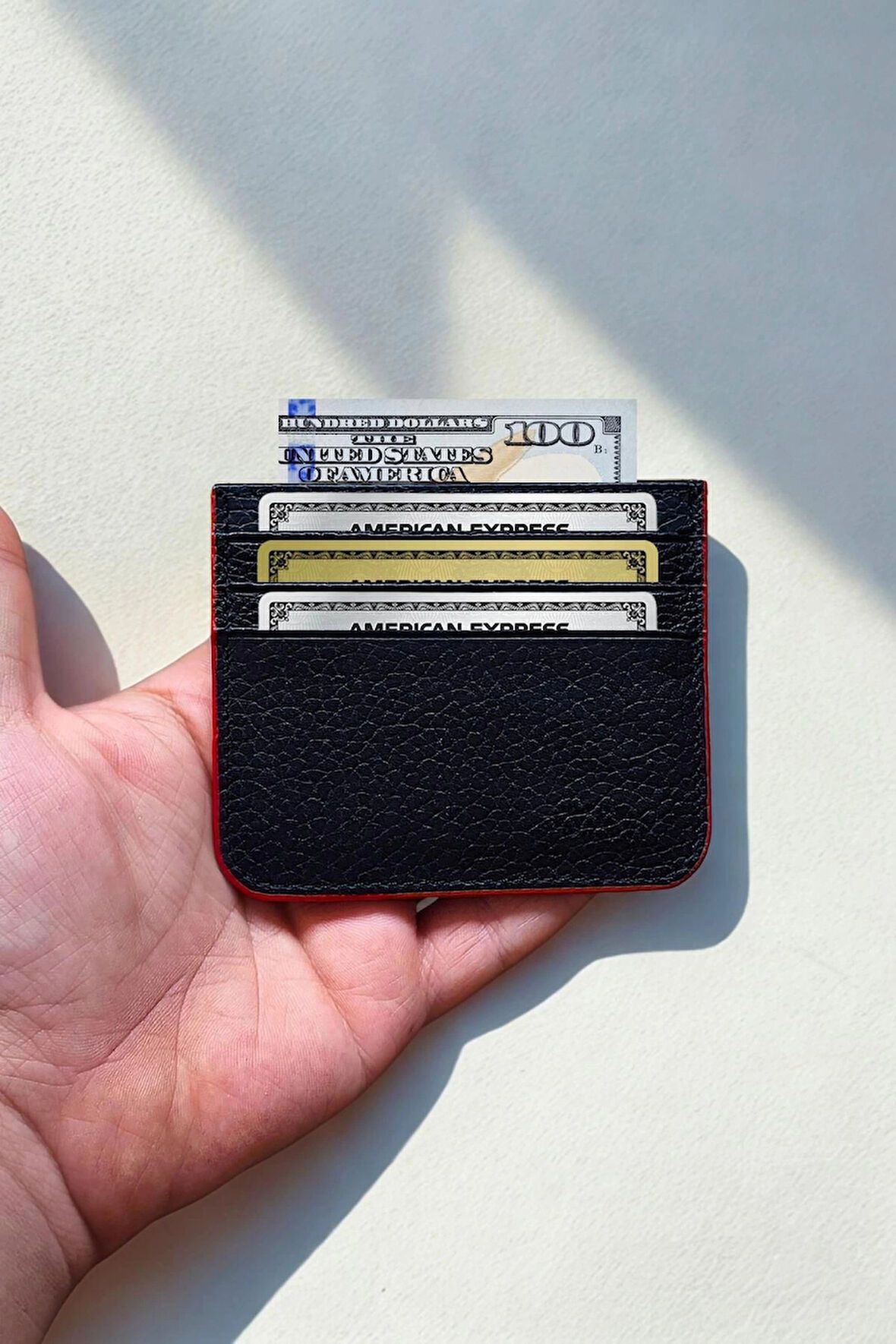 Hakiki Deri Kartlık Klasik Ultra Ince Unisex Siyah Kırmız Kenar Boyamalı Kartlık