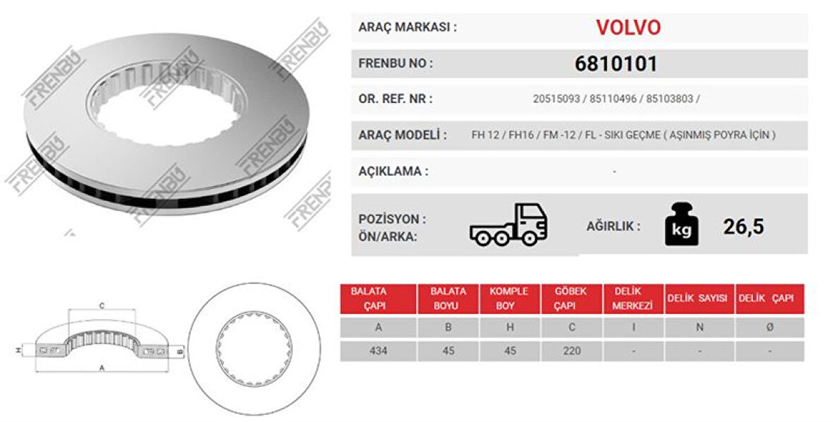 Volvo Truck Fren Diski Ön Volvo Fh 12/fh16/fm/12/fl Siki Gecme/asınmıs Poyra İcin - Frenbu 6810101