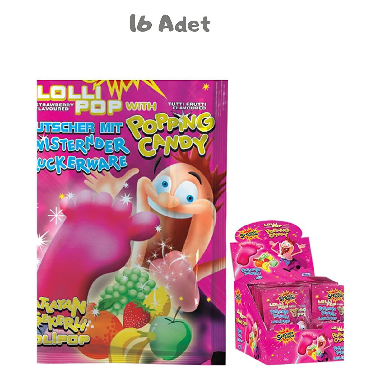 Shoogy Boom Patlayan Şekerli Sürpriz Lolipop Çilek Aromalı 12 Gr. 16 Adet