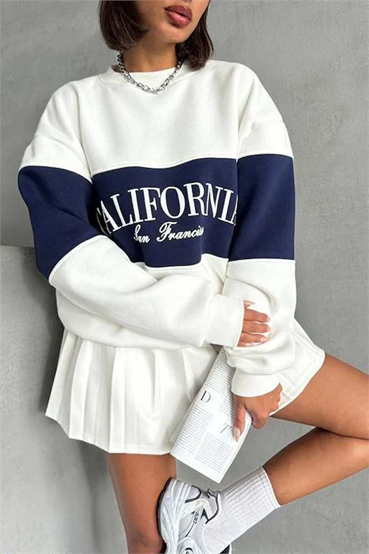 Dipmoda kadın lacivert bisiklet yaka california sweat DPG038