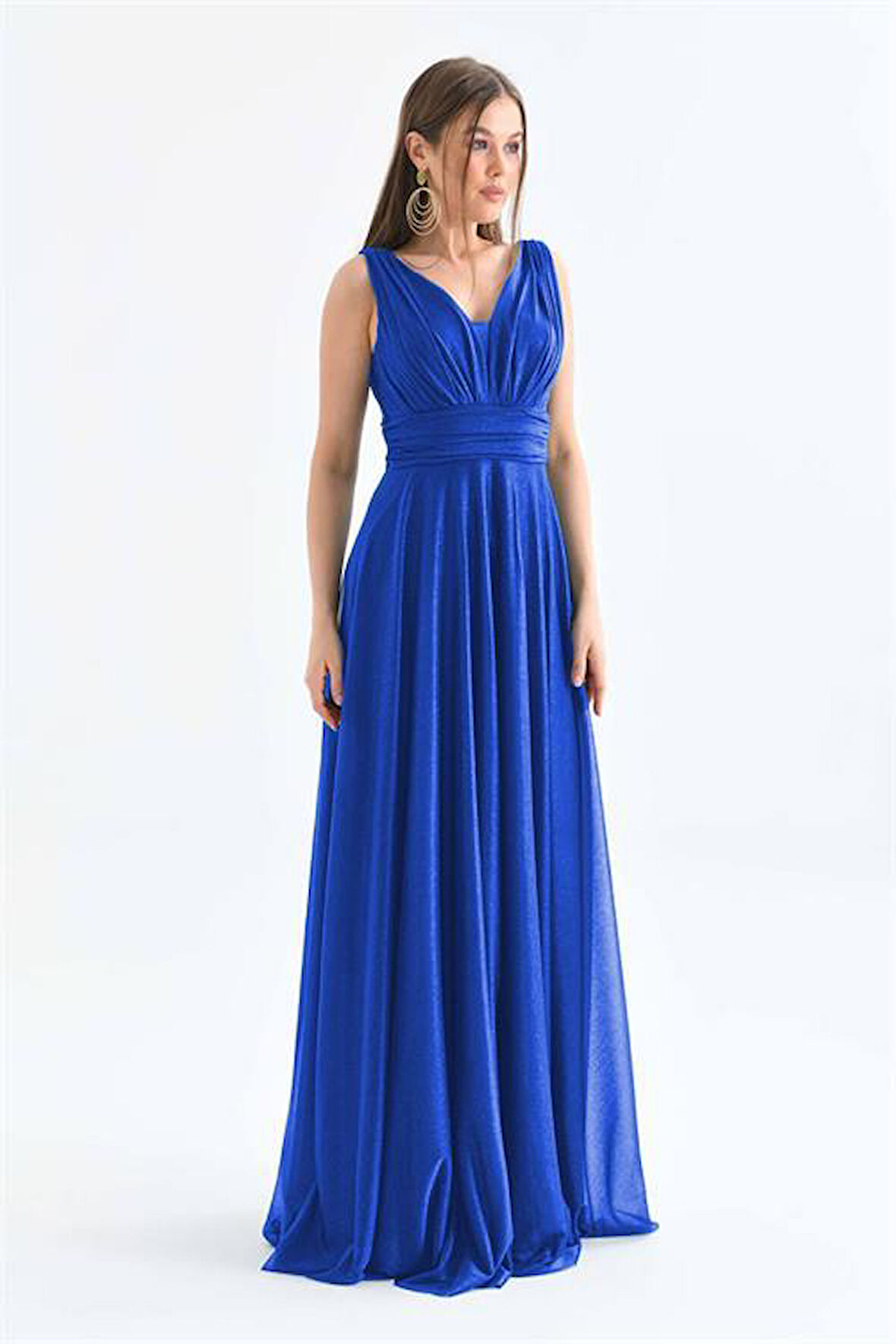 Dipmoda kadın saks mavisi v yaka simli tül abiye elbise DPS9223