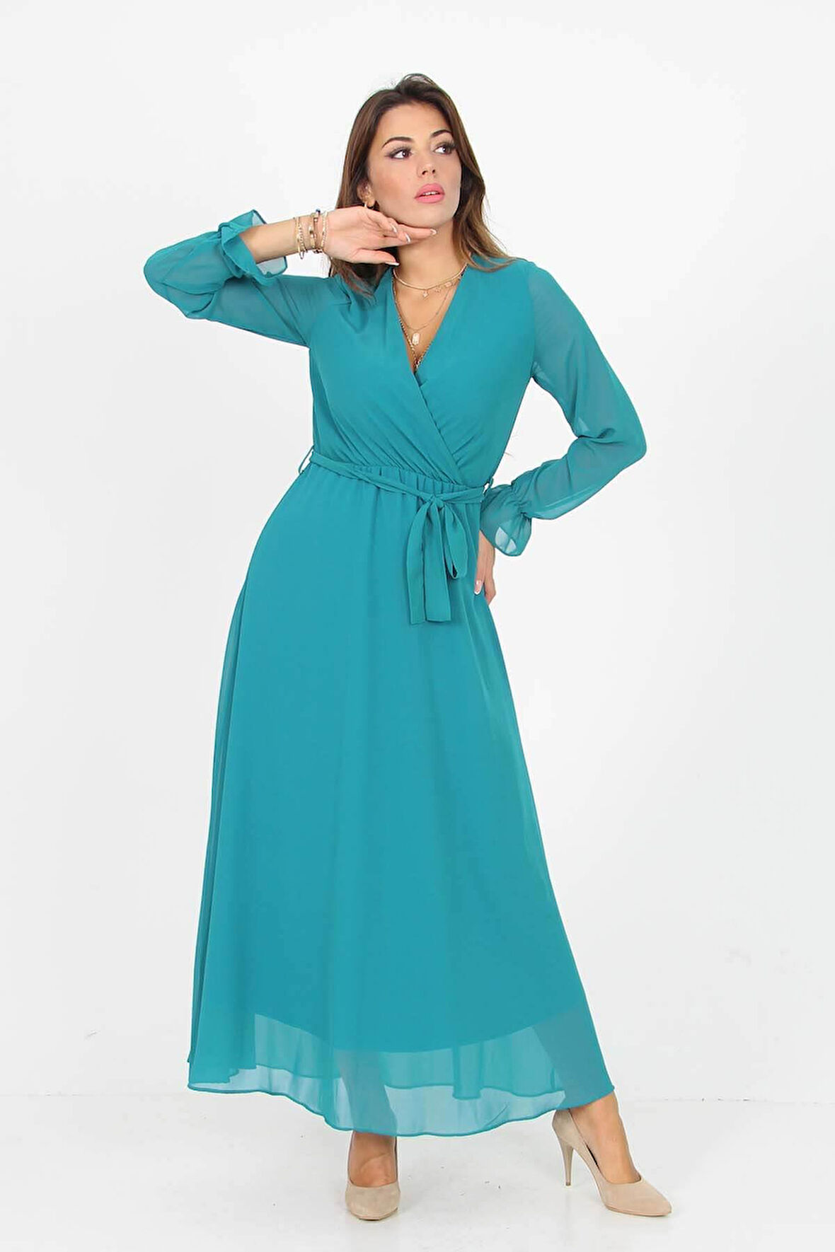 Dipmoda Kadın Kruvaze Yaka Bağlama Detaylı Yeni Sezon Uzun Şifon Elbise KTS003