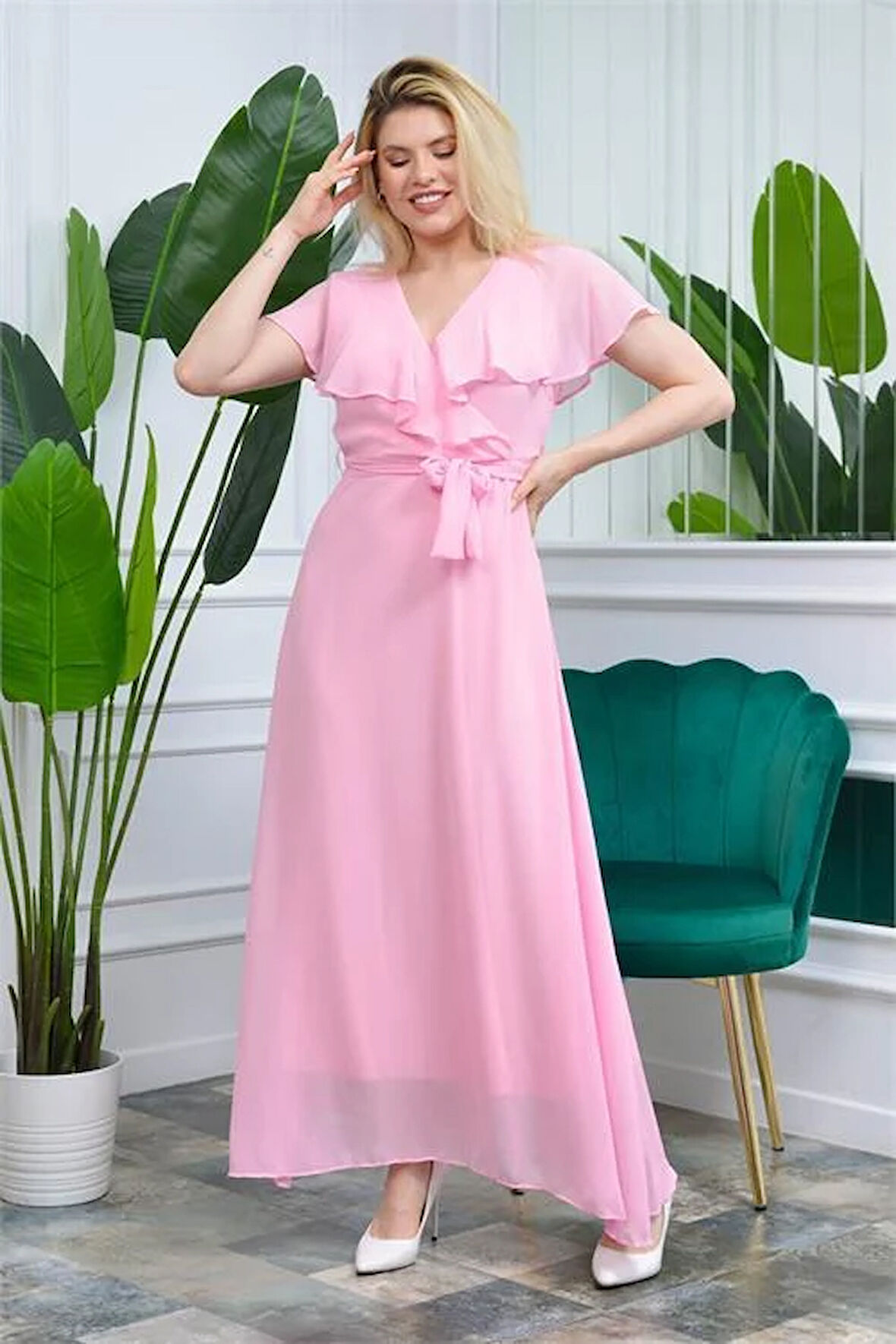 Dipmoda Kadın Pudra Kruvaze Yaka Bağlama Detaylı Uzun Şifon Elbise KTS001