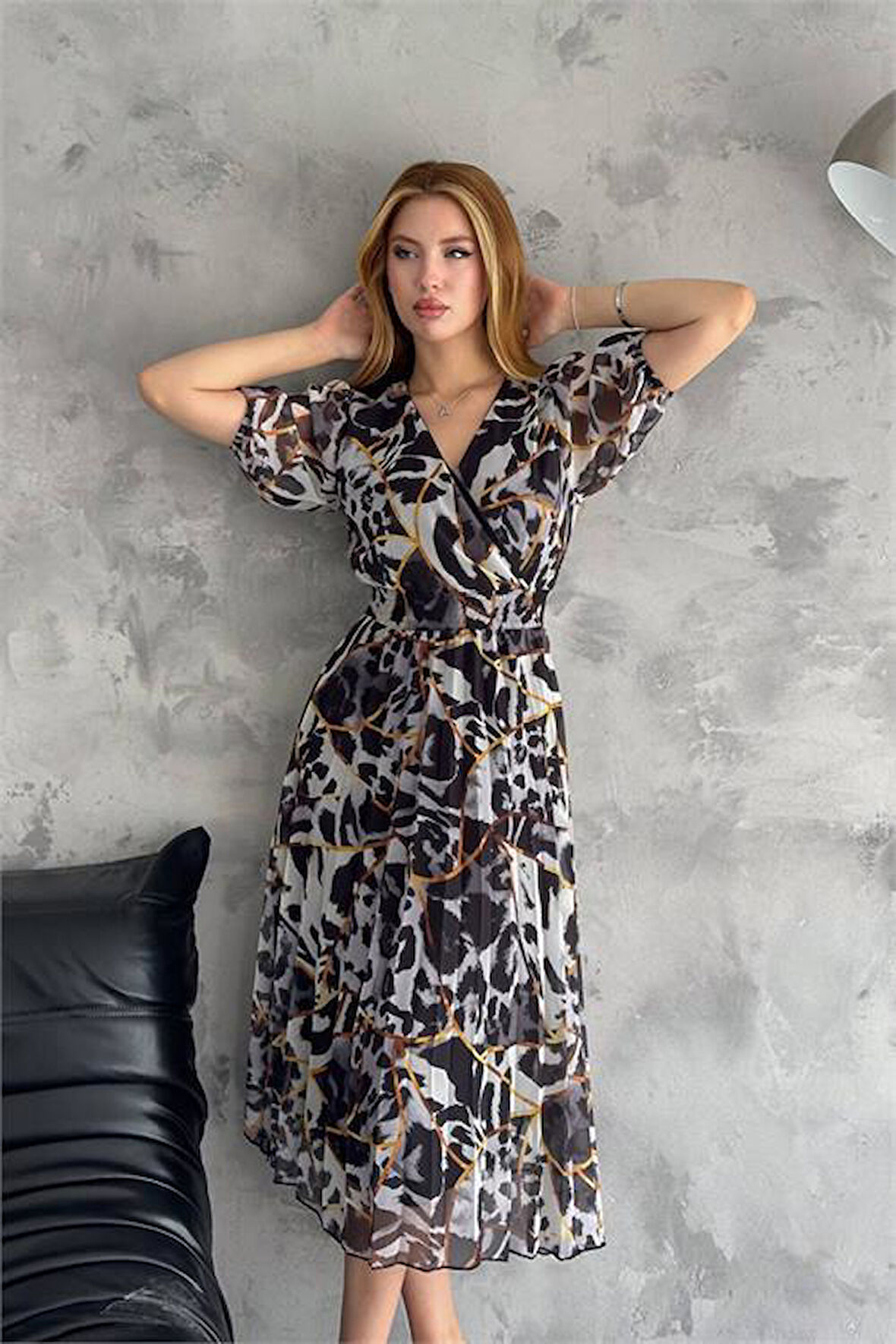 Dipmoda kadın siyah kruvaze yaka desenli şifon elbise DPQ001