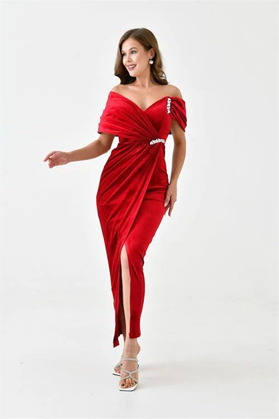 Dipmoda kadın taş ve yırtmaç detaylı kadife abiye elbise DPS9361