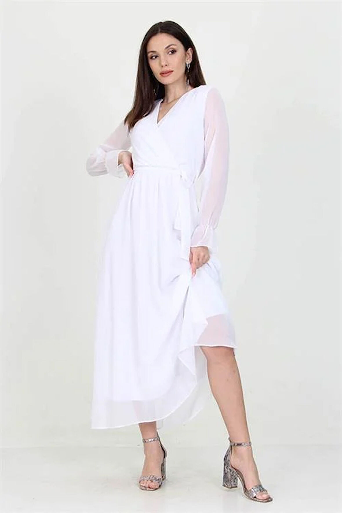 Dipmoda Kadın Beyaz Yeni Sezon Astarlı Kruvaze Yaka Uzun Şifon Elbise DP003