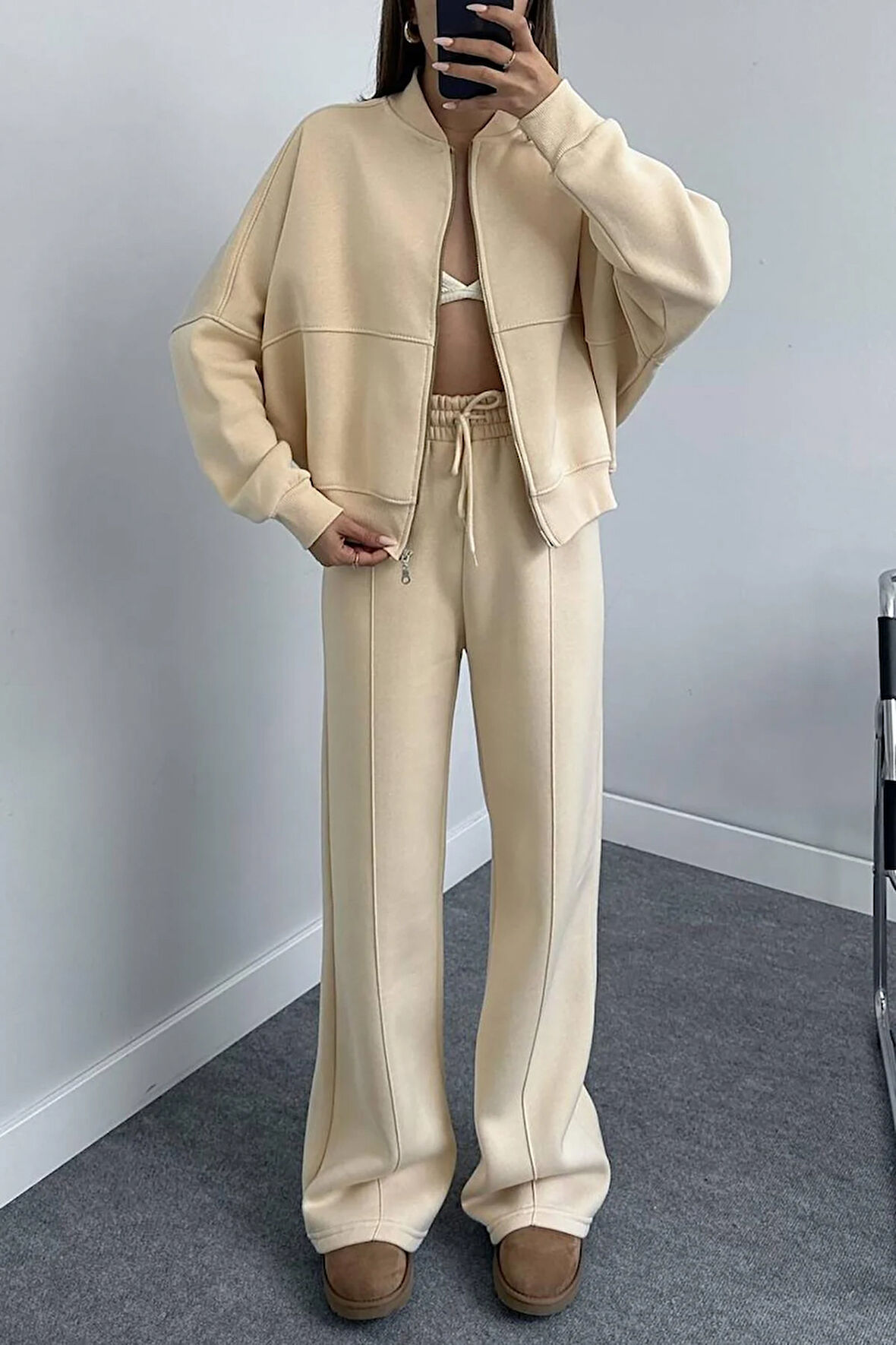 Dipmoda kadın şardonlu üç iplik eşofman takımı GTS018 - Bej