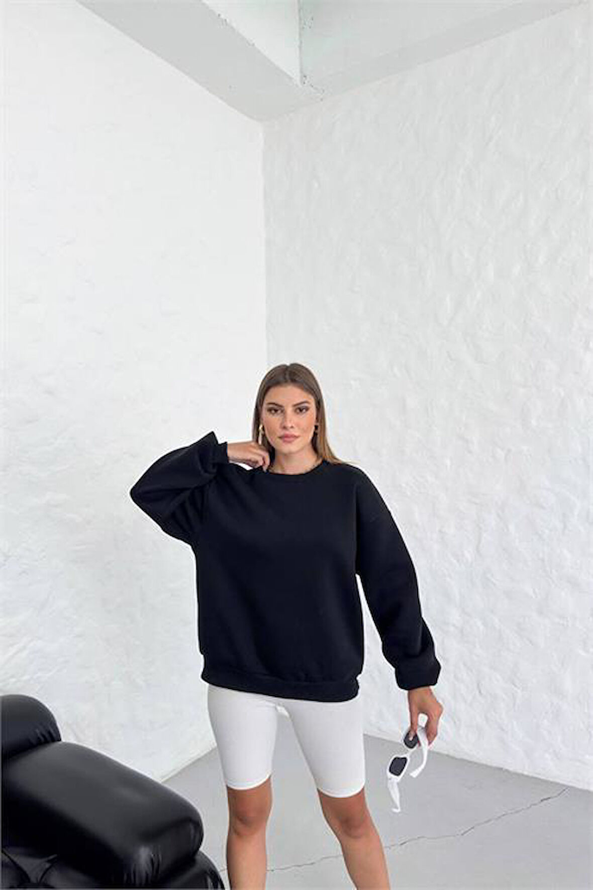 Dipmoda kadın siyah bisiklet yaka pamuklu sweat DPG031