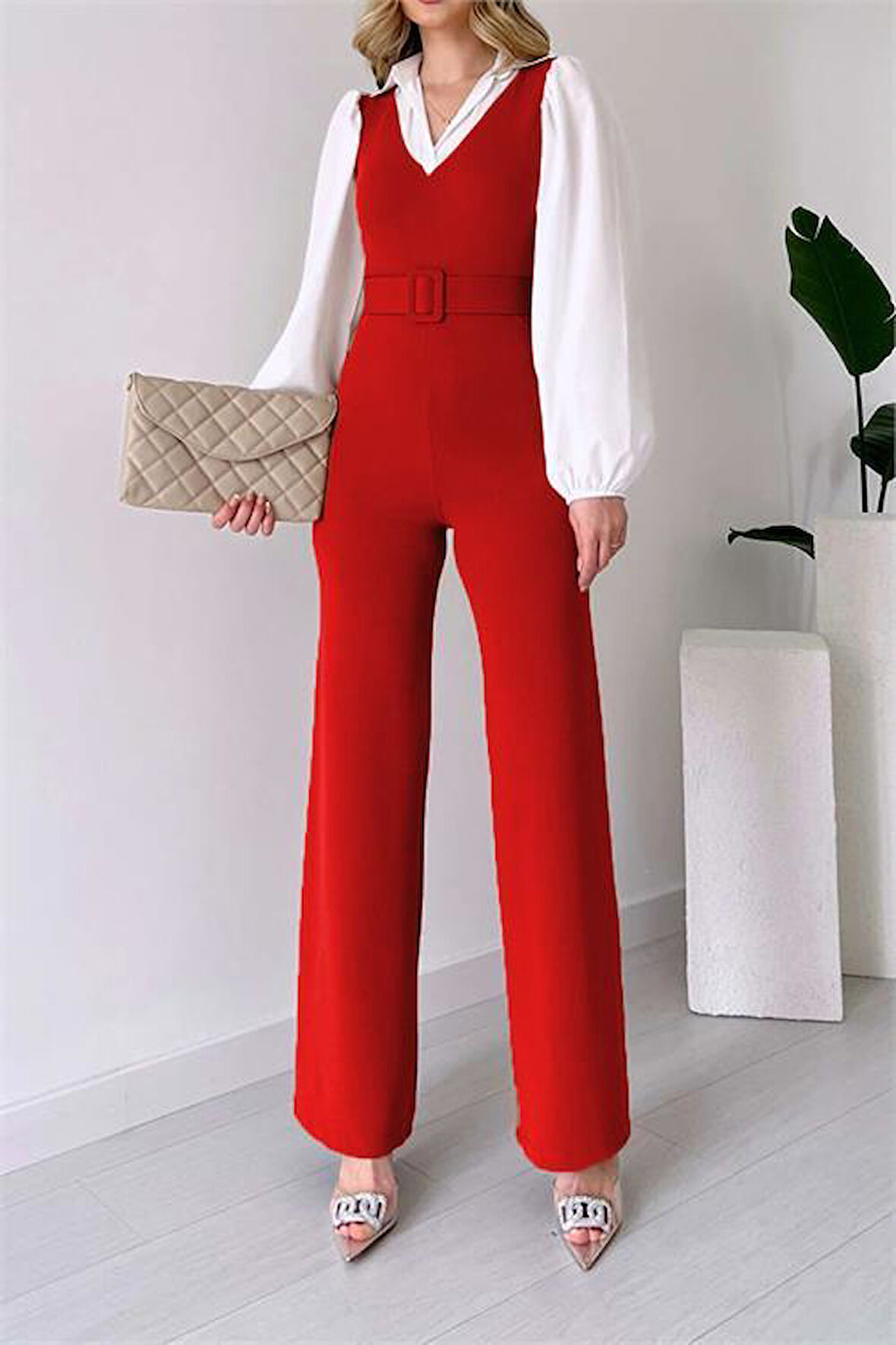 Dipmoda kadın kırmızı kemerli gömlek detaylı likralı tulum DPK2063