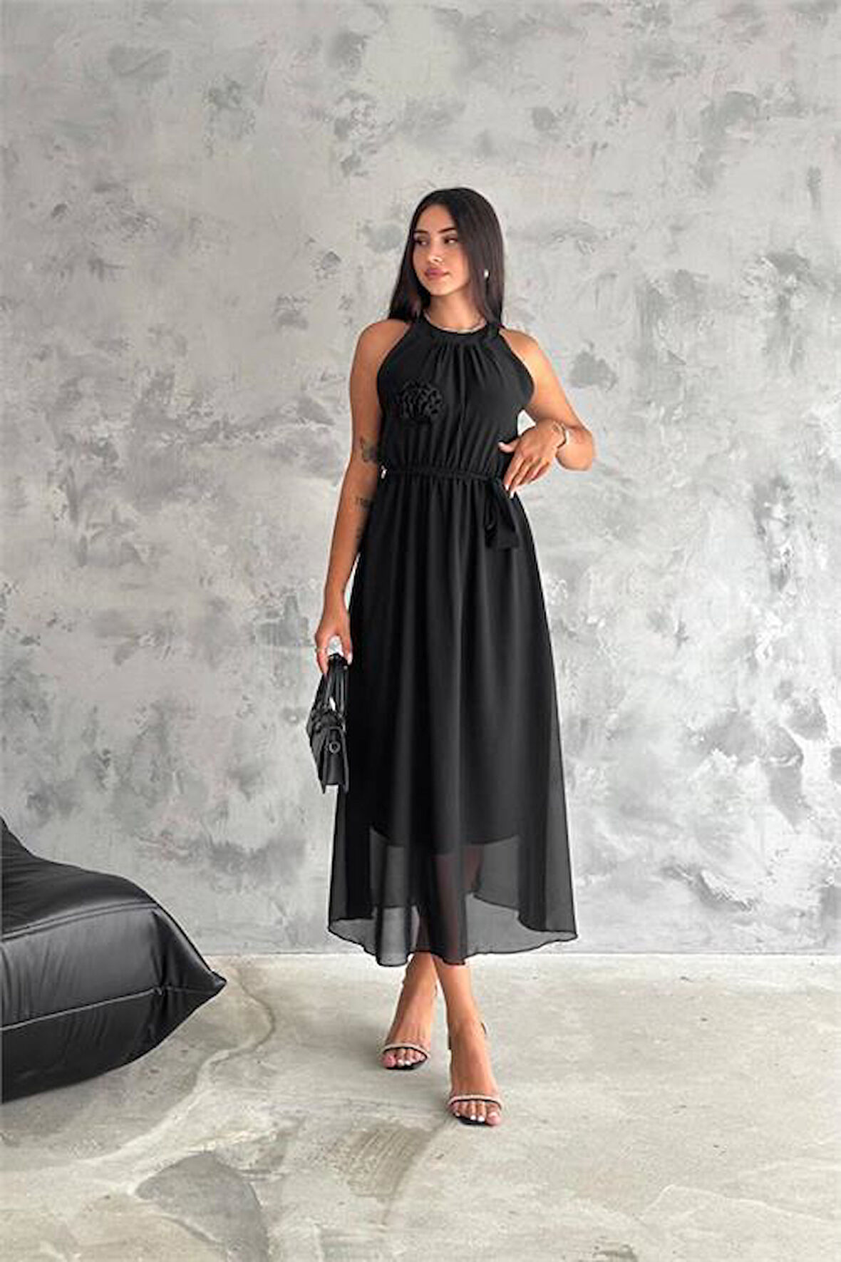 Dipmoda kadın gül broş detaylı uzun şifon elbise DPK2144