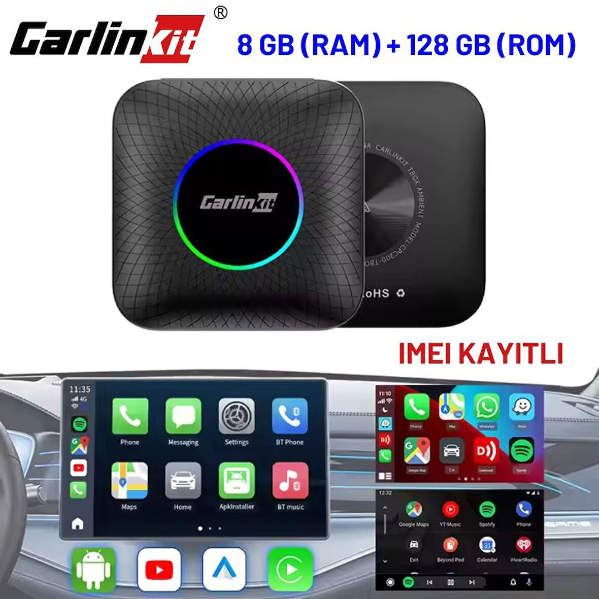 Carlinkit TBox Ambient Android 13, 8+128GB, Google PlayStore, Netflix, YouTube, Kablosuz/Wireless CarPlay &amp; Android Auto SIM Kart Destekli SM6225 Chipset Android Box (IMEI Kayıtlı)