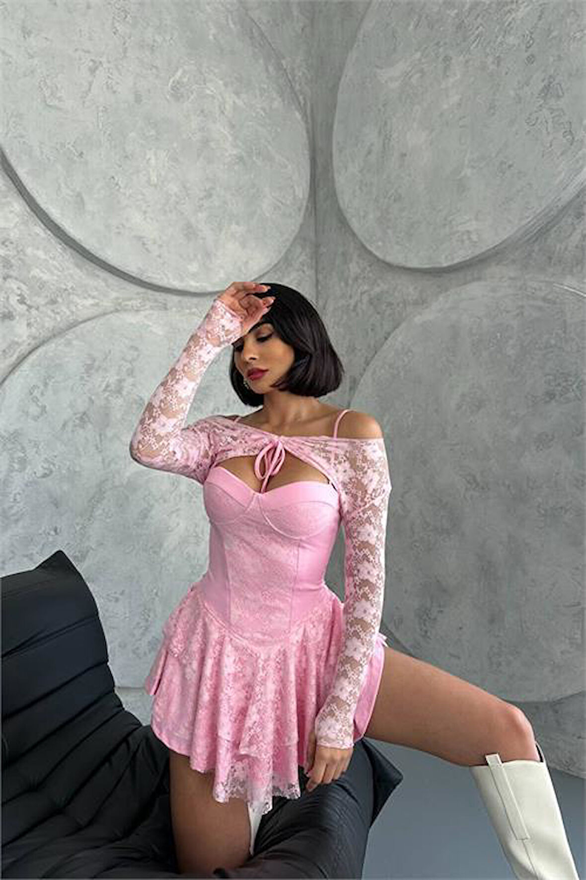 Dipmoda kadın bolero detaylı güpür prenses elbise DPDF107