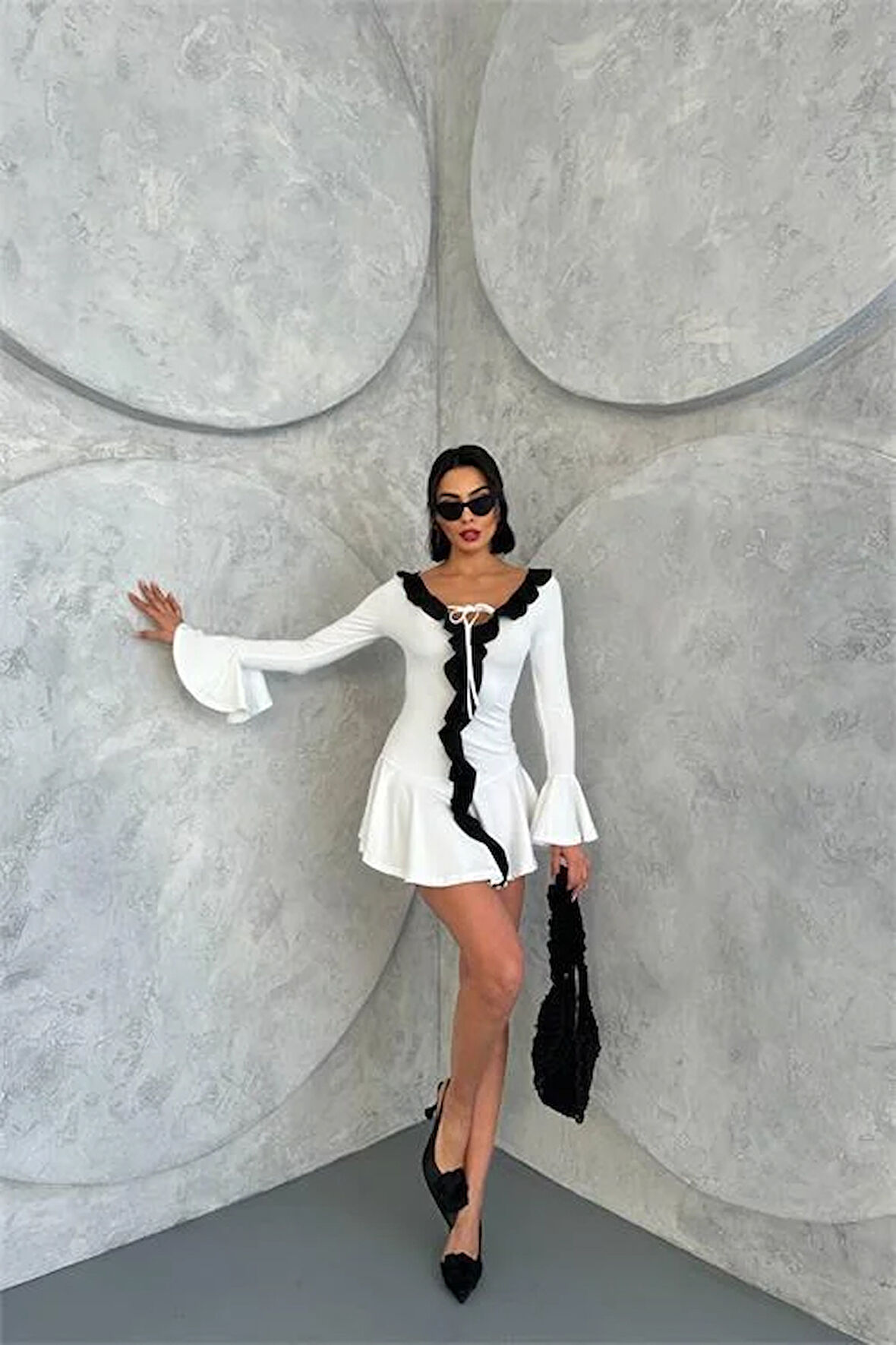 Dipmoda kadın beyaz yaka ve kol detaylı mini elbise DPDF108-1