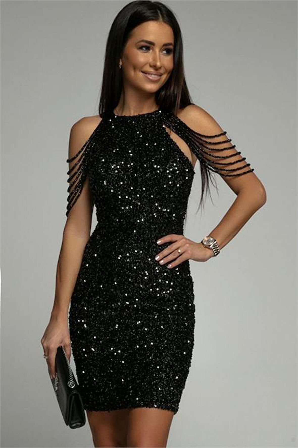 Dipmoda kadın siyah taş detaylı abiye elbise DPEMP2119