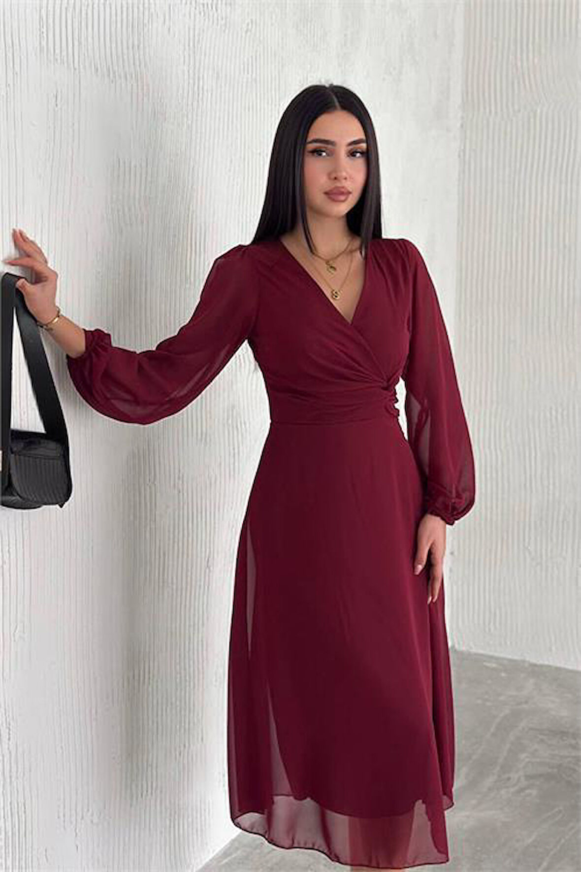 Dipmoda kadın bordo astarlı şifon elbise DPK30281