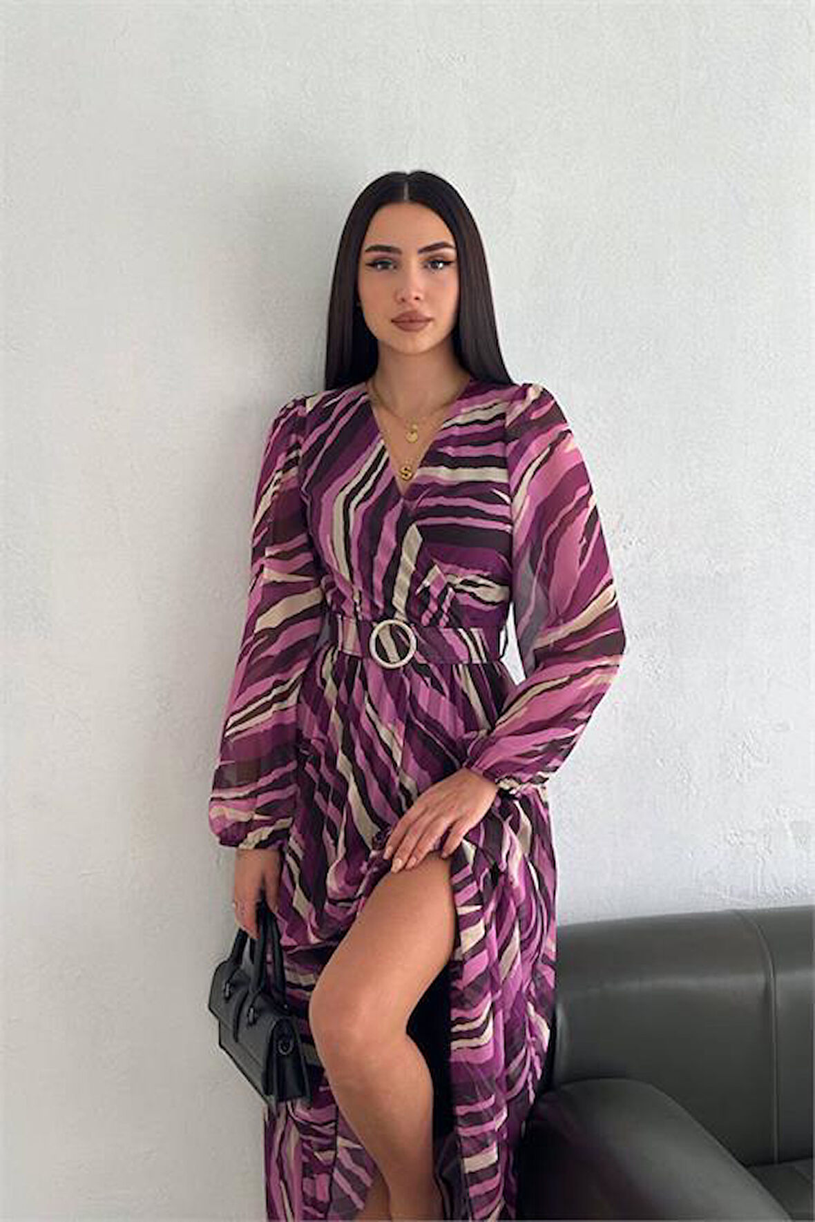 Dipmoda kadın kruvaze yaka piliseli midi şifon elbise DPK30292