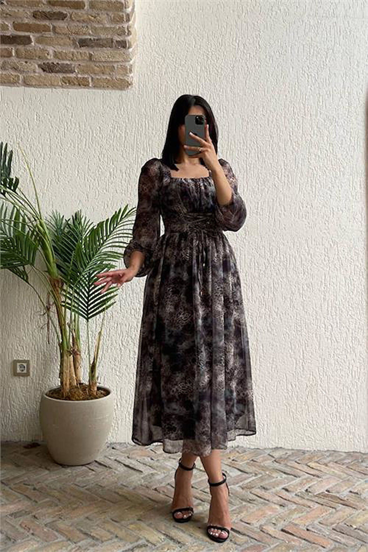 Dipmoda kadın bel detaylı desenli şifon elbise DPMY3596