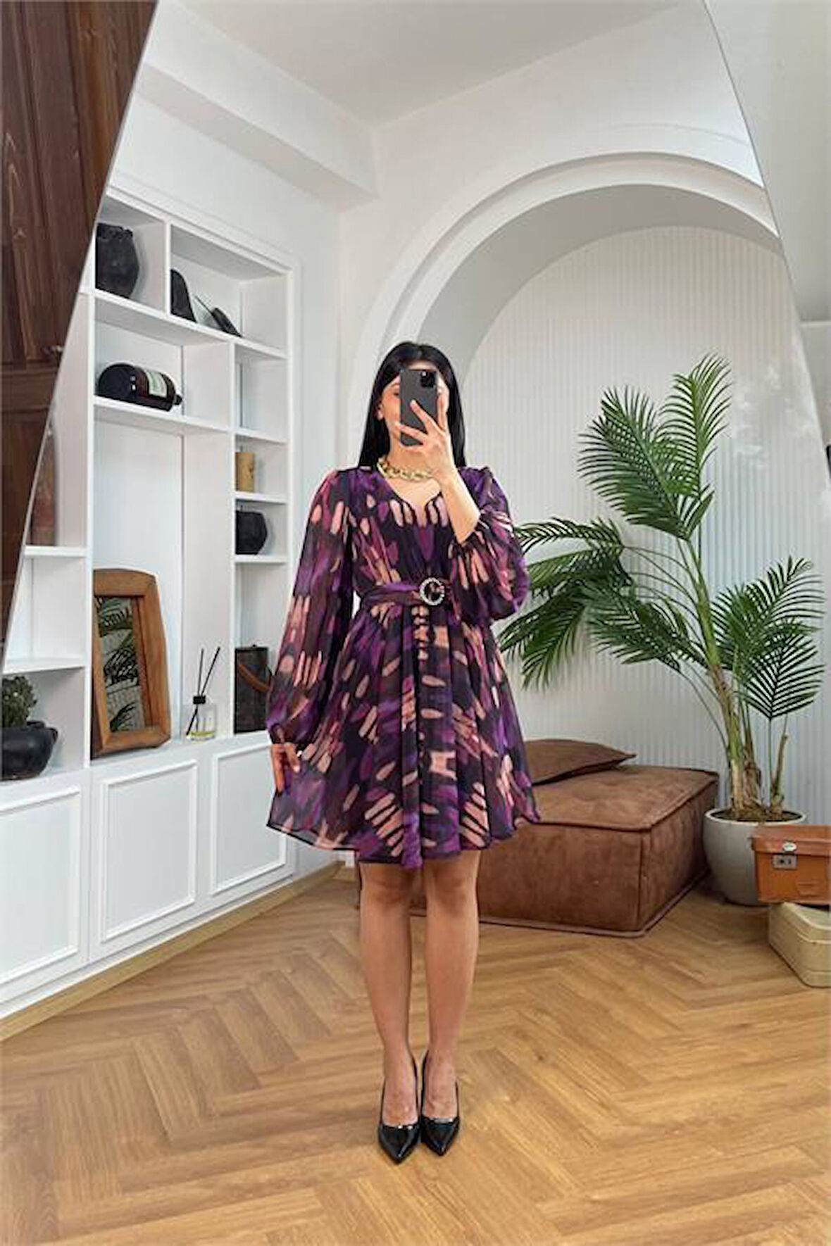 Dipmoda kadın desenli kemer detyalı mini şifon elbise DPMY3585