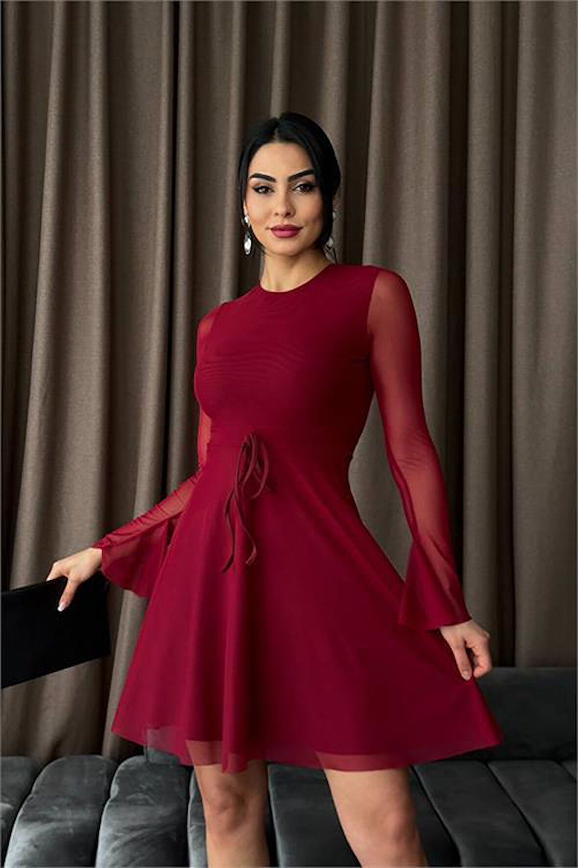 Dipmoda kadın sırt dekolteli tül mini elbise DPDF010