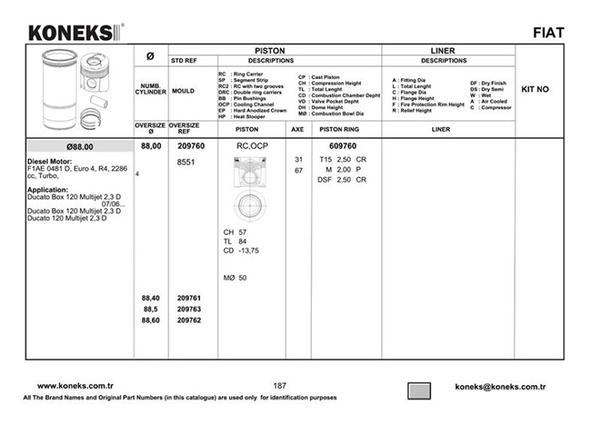 Fiat Piston+segman 88mm (0,6mmfarklı) Ducato Box - 2.3 D 120 Multıjet - (f1ae 0481d) - Koneks 209762