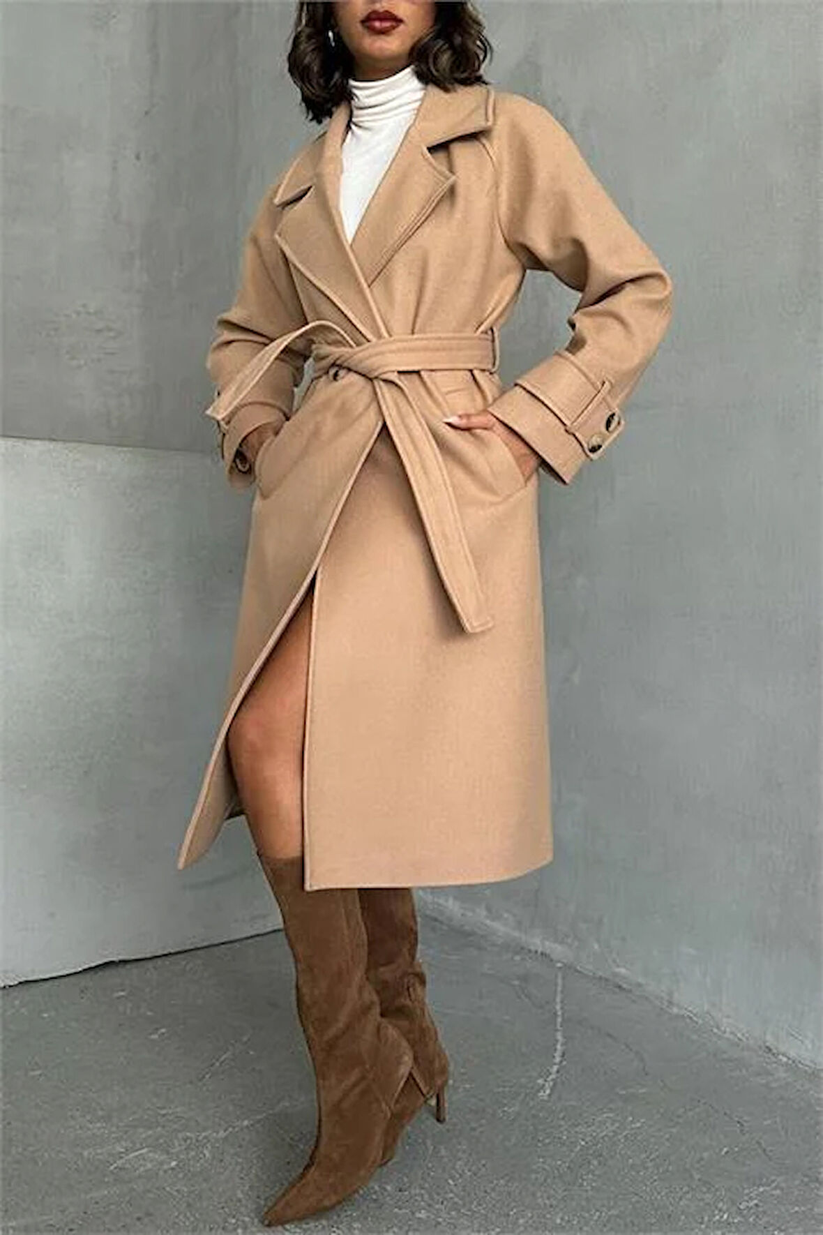 Dipmoda kadın astarlı camel ithal kaşe kaban DPG048