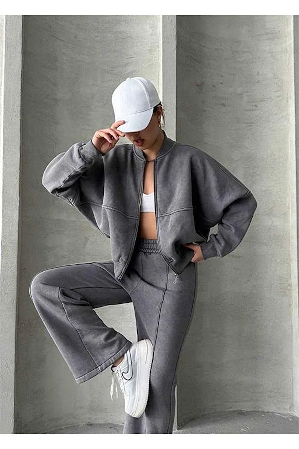 Dipmoda kadın yıkamalı sweat pantolon eşofman takımı DPG046