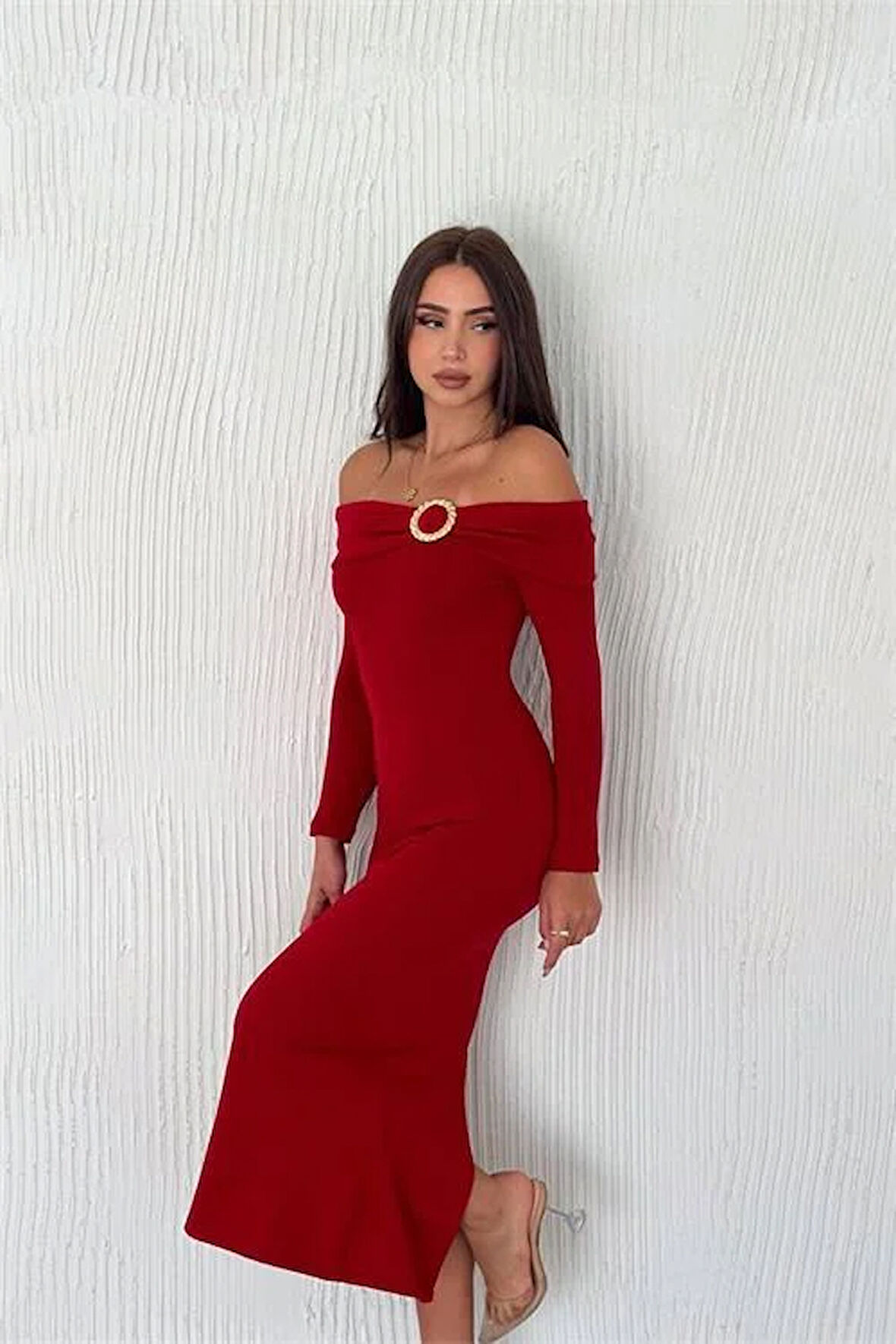 Dipmoda kadın madonna yaka toka detaylı triko elbise DPK2218