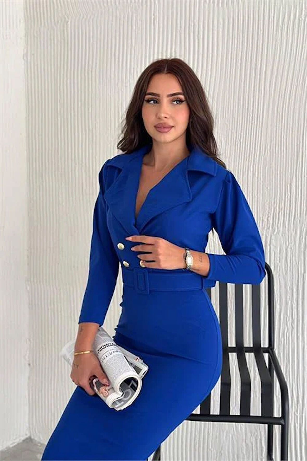 Dipmoda kadın saks kemerli gömlek yaka likralı elbise DPK3003