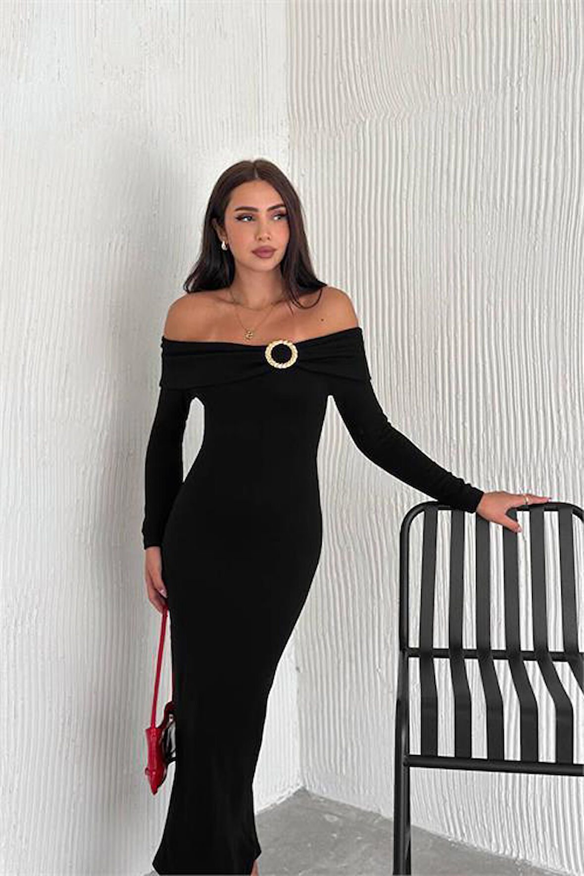 Dipmoda kadın madonna yaka toka detaylı triko elbise DPK2218