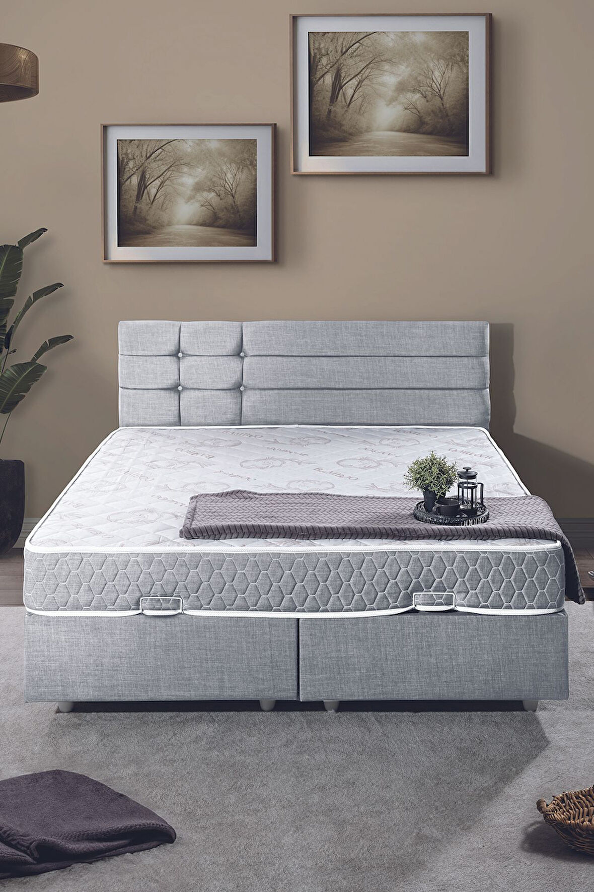 Viyana Çift Kişilik Baza Başlık Letto Yatak Seti Açık Gri